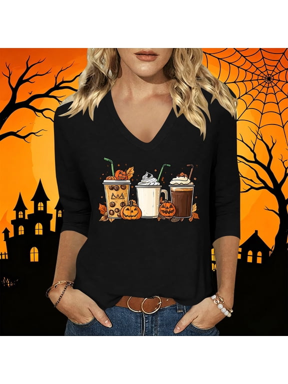 Halloween Autumn Graphic Tees Womens Loose Fit Solid Black V Neck Casual Blouse Pumpkin Latte Coffee Cup Print Comfort 3/4 Sleeve Tops for Daily Halloween Shopping