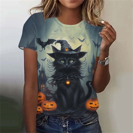 Craaazy Halloween Casual Tops for Women Multicolor Round Neck Short Sleeve T‑Shirts Loose Fit Halloween Theme Graphic Tees Vivid Holiday Printed Shirts for Spring Fall Daily Gifting