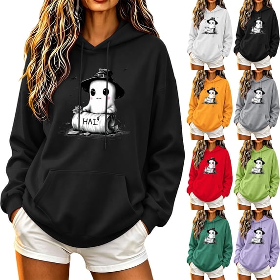 Craaazy Halloween Fall Pumpkin Graphic Hoodie Tops for Women Regular Fit Solid Color Hood Neck Pullover Long Sleeve Pumpkin Print Front Pocket Fall Winter Daily Casual Outfit