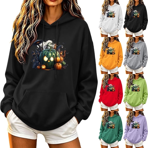Craaazy Halloween Fall Pumpkin Graphic Hoodie Tops for Women Regular Fit Solid Color Hood Neck Pullover Long Sleeve Pumpkin Print Front Pocket Fall Winter Daily Casual Outfit