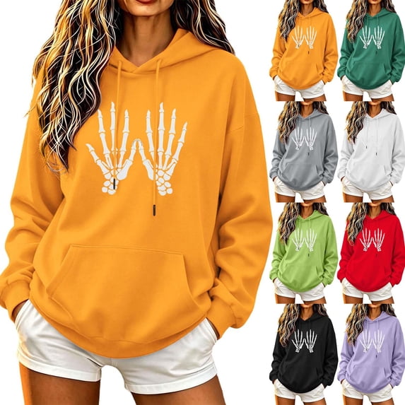 Craaazy Halloween Graphic Womens Hooded Sweatshirt Solid Color Long Sleeve Tops Multi Pattern Pumpkin Halloween Print Loose Pullover Fall Holiday Hoodie Tops