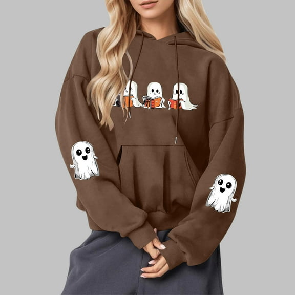 Craaazy Halloween Hoodies For Women Long Sleeve Hooded Tops With Pocket Halloween Printed Casual Loose Drawstring Sweatshirt Gifts For Women