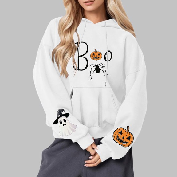 Craaazy Halloween Hoodies For Women Long Sleeve Hooded Tops With Pocket Halloween Printed Casual Loose Drawstring Sweatshirt Gifts For Women