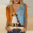 thumbnail image 1 of Craaazy Halloween Plus Size Casual Tops for Women Solid Color V Neck 3/4 Length Sleeve Halloween Printed Stretch Autumn Festival Daily Wear Blouse, 1 of 5