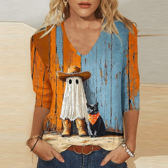 Craaazy Halloween Plus Size Casual Tops for Women Solid Color V Neck 3/4 Length Sleeve Halloween Printed Stretch Autumn Festival Daily Wear Blouse