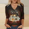 thumbnail image 1 of Craaazy Halloween Plus Size Casual Tops for Women Solid Color V Neck 3/4 Length Sleeve Halloween Printed Stretch Autumn Festival Daily Wear Blouse, 1 of 5