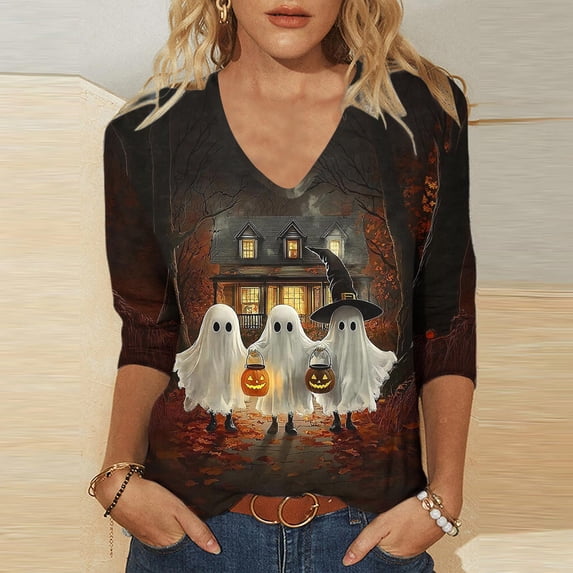 Craaazy Halloween Plus Size Casual Tops for Women Solid Color V Neck 3/4 Length Sleeve Halloween Printed Stretch Autumn Festival Daily Wear Blouse