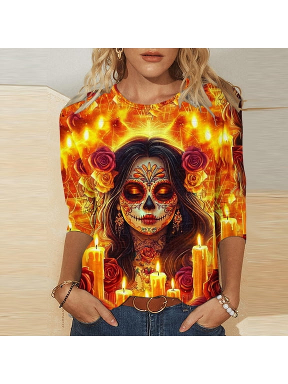 Halloween Printed Shirt For Women Round Neck 3/4 Sleeve T-Shirt Loose Halloween Featival Tops Gifts For Women
