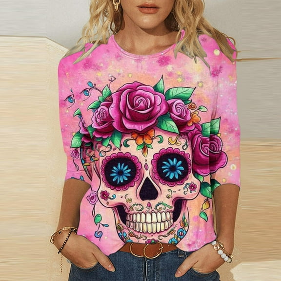 Craaazy Halloween Printed Shirt For Women Round Neck 3/4 Sleeve T-Shirt Loose Halloween Featival Tops Gifts For Women