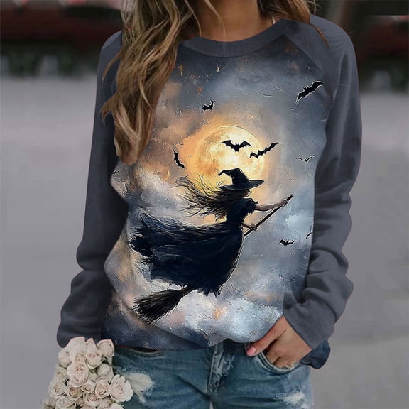 Craaazy Halloween Shirts for Women Long Sleeve Witch Graphic Tees Vintage Festival Tops Halloween prints Sweatshirts Long Sleeve Crewneck Pullover Gifts