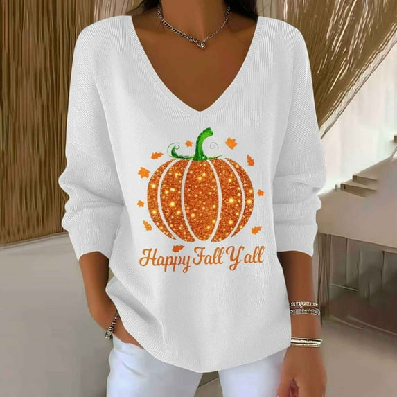 Craaazy Halloween Sweaters For Women V Neck Long sleeve Sweatshirt Shiny Pumpkin Print Pullover Sweaters Thanksgiving Shirts For Women Gifts For Women
