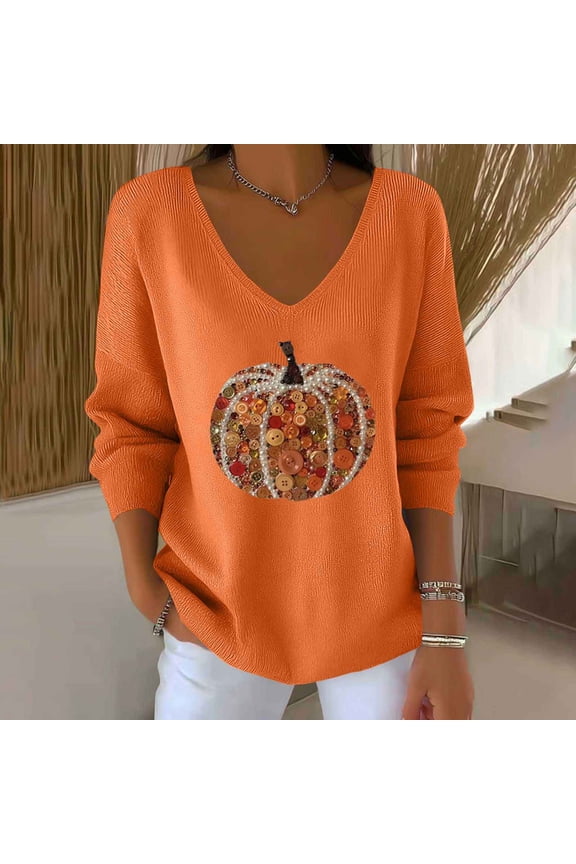 Halloween Sweaters For Women V Neck Long sleeve Sweatshirt Shiny Pumpkin Print Pullover Sweaters Thanksgiving Shirts For Women Gifts For Women