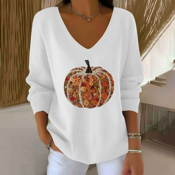 Craaazy Halloween Sweaters For Women V Neck Long sleeve Sweatshirt Shiny Pumpkin Print Pullover Sweaters Thanksgiving Shirts For Women Gifts For Women