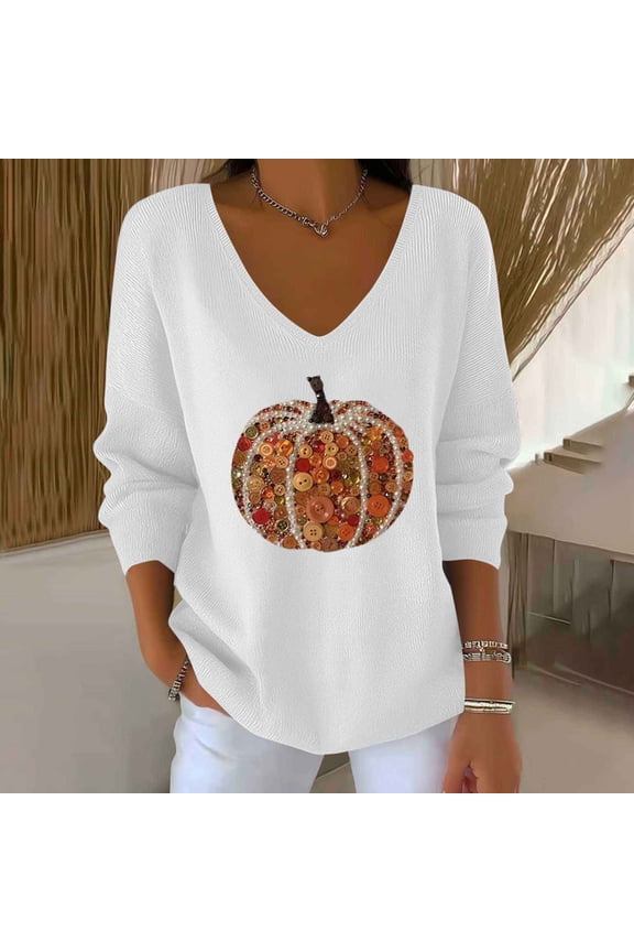 Halloween Sweaters For Women V Neck Long sleeve Sweatshirt Shiny Pumpkin Print Pullover Sweaters Thanksgiving Shirts For Women Gifts For Women