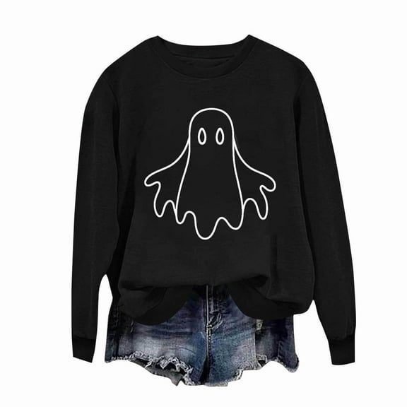 Craaazy Halloween Sweatshirt Long Sleeved Crewneck Shirts Halloween Spooky Season Ghost Print Tops Halloween Pullover Gifts For Women