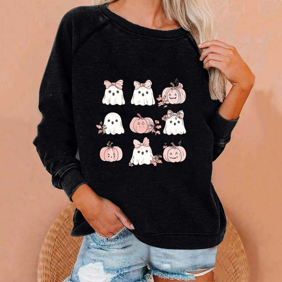 Craaazy Halloween Sweatshirt Long Sleeved Crewneck Shirts Halloween Spooky Season Ghost Print Tops Halloween Pullover Gifts For Women
