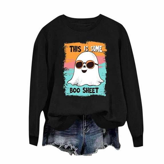 Craaazy Halloween Sweatshirt Long Sleeved Crewneck Shirts Halloween Spooky Season Ghost Print Tops Halloween Pullover Gifts For Women