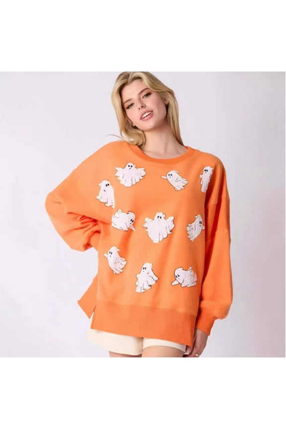 Halloween Sweatshirt Long Sleeved Crewneck Split Shirts Halloween Ghost Print Tops Gifts For Women