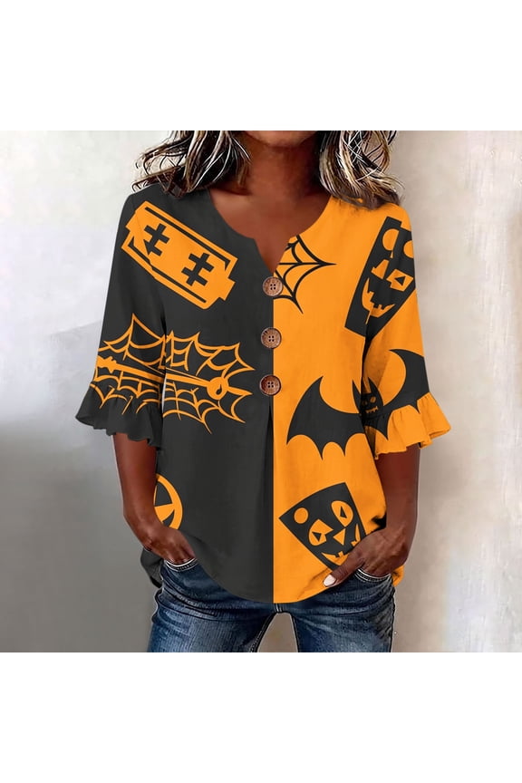 Halloween Tops Women Loose Fit Color Block V Neck Casual Blouse 3/4 Ruffle Flare Sleeve Pumpkin Spider Web Bat Pattern Button Front Lightweight Tops for Fall Festival Gathering