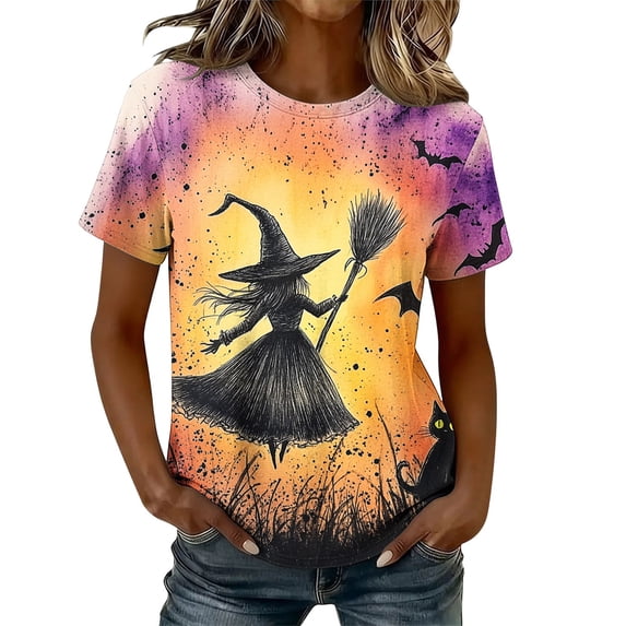 Craaazy Halloween Tops for Women Loose Fit Multicolor Round Neck Casual Short Sleeve Graphic T‑Shirts With Vivid All‑Over Prints for Daily Wear Festival Party