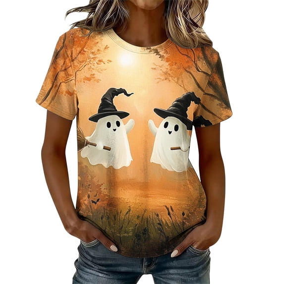 Craaazy Halloween Tops for Women Loose Fit Multicolor Round Neck Casual Short Sleeve Graphic T‑Shirts With Vivid All‑Over Prints for Daily Wear Festival Party
