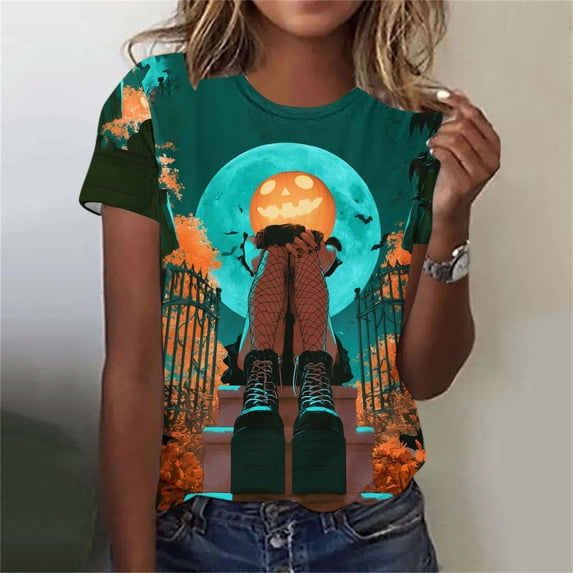 Craaazy Halloween Women Multicolor Round Neck Casual Short Sleeve T‑Shirt With All‑Over Halloween Graphic Print Lightweight Loose Fit Tops for Party Daily Wear