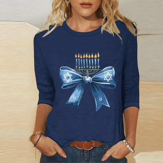 Craaazy Hanukkah Shirts for Women Athletic Casual Menorah Printed Round Neck 3/4 Sleeve T-shirts Gifts