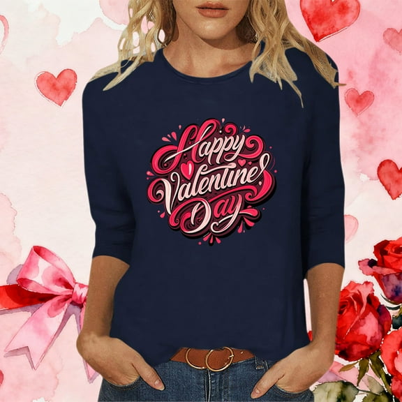 Craaazy Happy Valentine's Day Women's 3/4 Sleeve Crew Neck Love and Heart Valentines Shirts Gifts