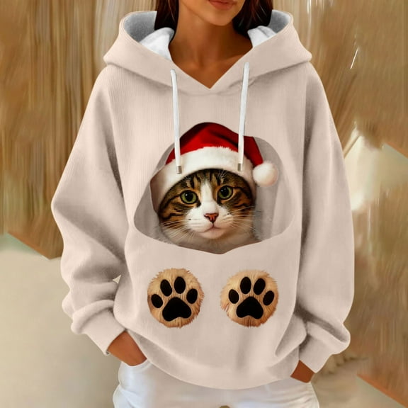 Craaazy Hooded Sweatshirts for Women Christmas Print Long Sleeve Tops Gifts