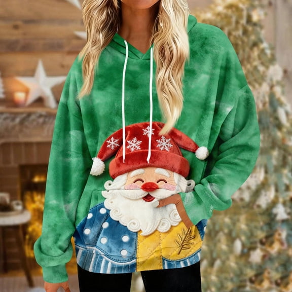 Craaazy Hooded Sweatshirts for Women Christmas Print Long Sleeve Tops Gifts
