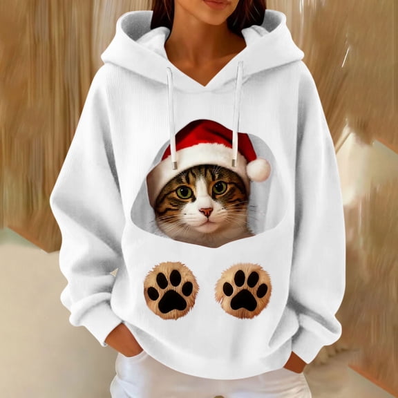 Craaazy Hooded Sweatshirts for Women Christmas Print Long Sleeve Tops Gifts