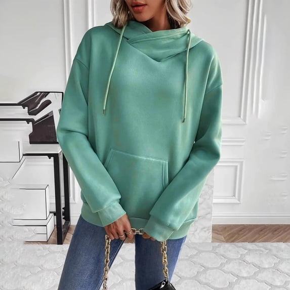 Craaazy Hoodies For Women Solid Color Hooded Long Sleeve Sweatshirts Pocket Pullover Tops With Drawstring Gifts For Women