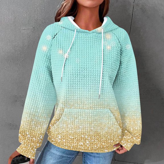 Craaazy Hoodies for Women Striped Waffle Drawstring Pockets Hooded Sweatshirts Ladies Fall Pullover Winter Long Sleeve Loose Fit Tops Gifts