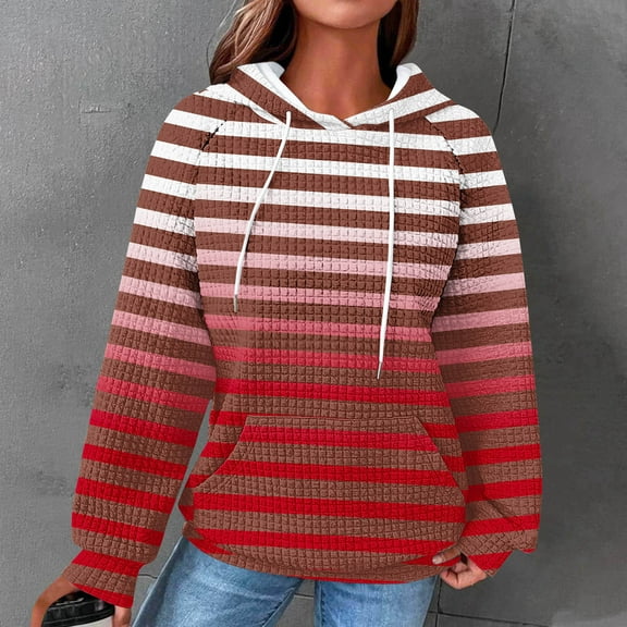 Craaazy Hoodies for Women Striped Waffle Drawstring Pockets Hooded Sweatshirts Ladies Fall Pullover Winter Long Sleeve Loose Fit Tops Gifts