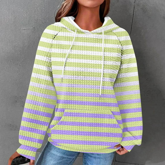 Craaazy Hoodies for Women Striped Waffle Drawstring Pockets Hooded Sweatshirts Ladies Fall Pullover Winter Long Sleeve Loose Fit Tops Gifts