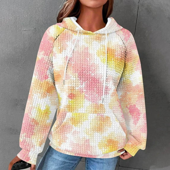 Craaazy Hoodies For Women Waffle Hooded Sweater Long Sleeve Casual Drawstring Tie-dye Pullover Pocket Tops Womens Tops
