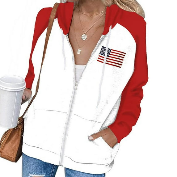 Craaazy Hoodies For Women Zip Up Tops American Flag Graphic Hoodie Color Block Shirt With Pockets Gifts For Women