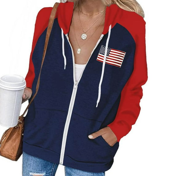 Craaazy Hoodies For Women Zip Up Tops American Flag Graphic Hoodie Color Block Shirt With Pockets Gifts For Women