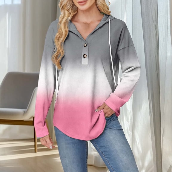 Craaazy Hoodies for Women Casual V-Neck Long Sleeve Shirts Stripe Color Drawstring Button Top Gifts