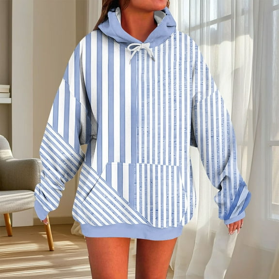 Craaazy Hoodies for Women Long Sleeve Loose Sweatshirts Striped Color Block Polka Dot Print Pocket Pullover Tops Gifts