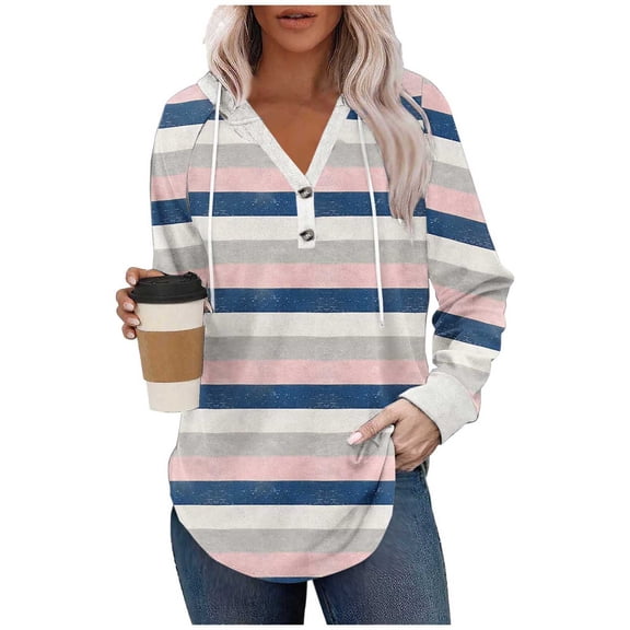 Craaazy Hoodies for Women Striped Printed Drawstring Long Sleeve Button V Neck Casual Shirts Gifts