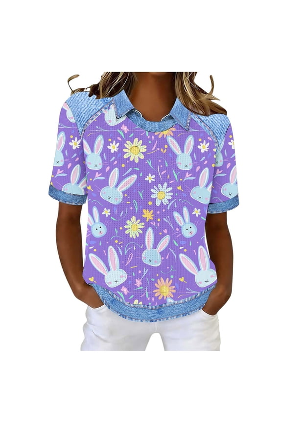 Ladies' Summer Round Neck Fashion Easter Rabbit Egg Print Waffle Leisure Lapel Tops Gifts