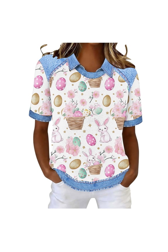 Ladies' Summer Round Neck Fashion Easter Rabbit Egg Print Waffle Leisure Lapel Tops Gifts