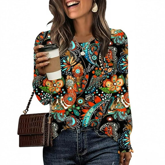Craaazy Long Sleeve Christmas Shirts Womens Tops Dressy Casual Shirts Ruffle Bell Sleeve Front Pleated Fasion Trendy Fall Blouse