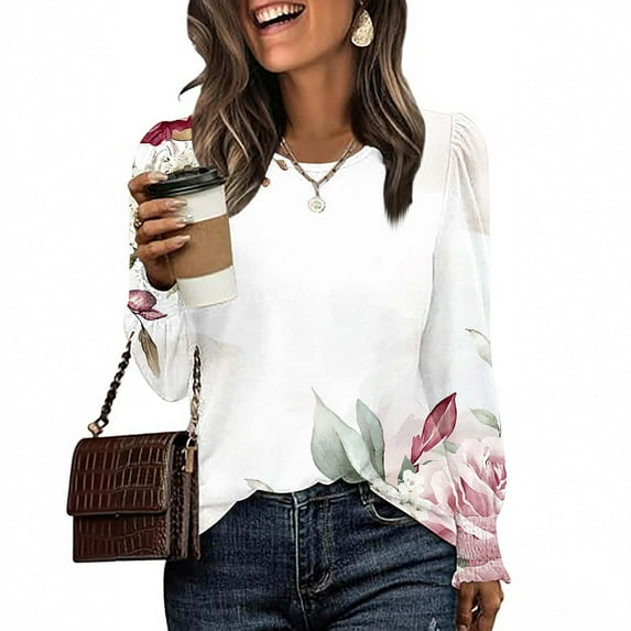 Craaazy Long Sleeve Christmas Shirts Womens Tops Dressy Casual Shirts Ruffle Bell Sleeve Front Pleated Fasion Trendy Fall Blouse