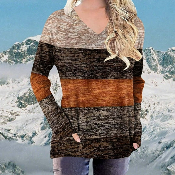 Craaazy Long Sleeve Loose T-shirt for Women V Neck Tops Color Block Casual Fall Fashion Loose Shirts Tees Gifts