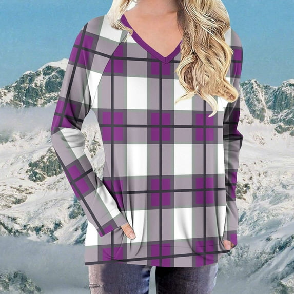 Craaazy Long Sleeve Loose T-shirt for Women V Neck Tops Color Block Casual Fall Fashion Loose Shirts Tees Gifts