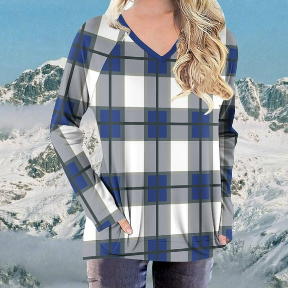 Craaazy Long Sleeve Loose T-shirt for Women V Neck Tops Color Block Casual Fall Fashion Loose Shirts Tees Gifts