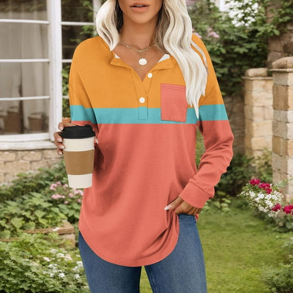 Craaazy Long Sleeve Shirts For Women Color Blocking Printing Blouses Long Sleeve Tops Button V-Neck Pullover Pocket Sweatshirts Gifts