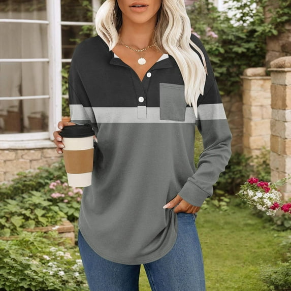 Craaazy Long Sleeve Shirts For Women Color Blocking Printing Blouses Long Sleeve Tops Button V-Neck Pullover Pocket Sweatshirts Gifts